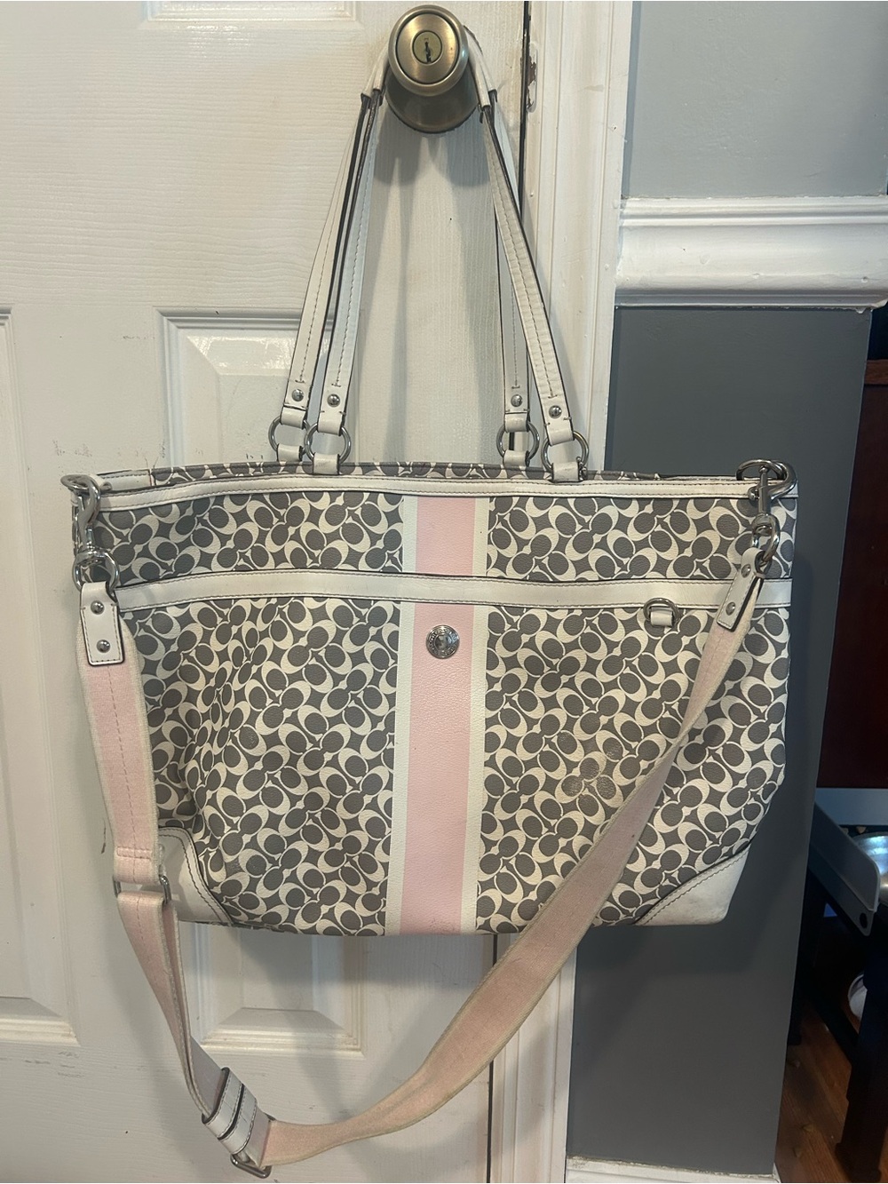 Coach Heritage Signature Large Tote Diaper Bag in Pink & Gray